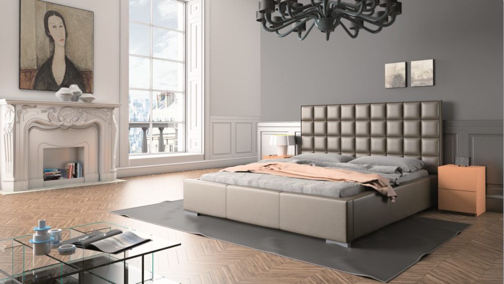 łóżko tapicerowane w stylu glamour z zagłówkiem